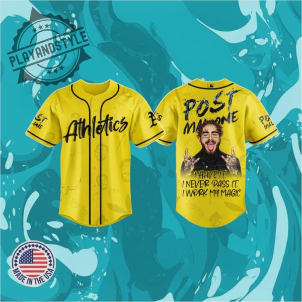 Athletics X Post Malone Tour I Have It I Never Pass It I Work My Magic Baseball Jersey playandstyle 1